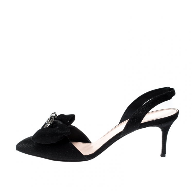 Pre Owned Oscar De La Renta Black Glitter Fabric Samie Bow Slingback Sandals Size 40