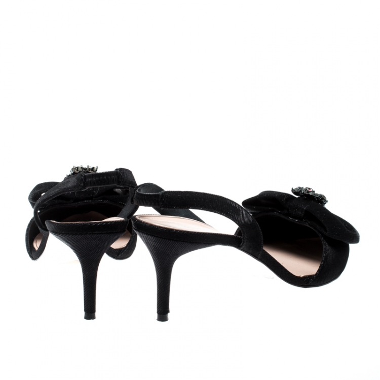Pre Owned Oscar De La Renta Black Glitter Fabric Samie Bow Slingback Sandals Size 40