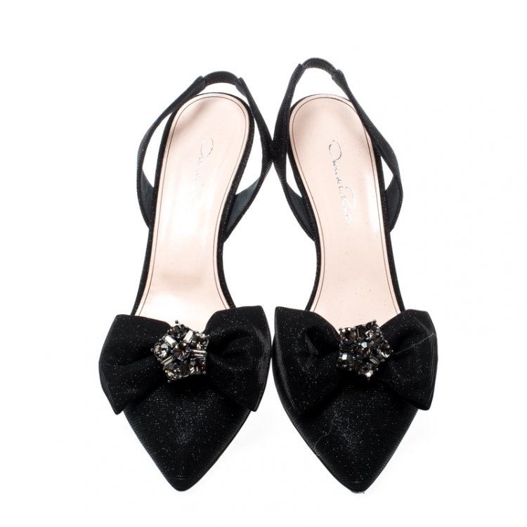 Pre Owned Oscar De La Renta Black Glitter Fabric Samie Bow Slingback Sandals Size 40