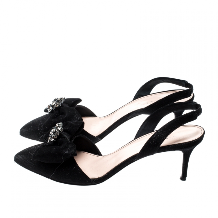 Pre Owned Oscar De La Renta Black Glitter Fabric Samie Bow Slingback Sandals Size 40