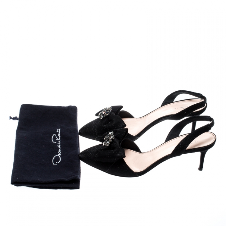 Pre Owned Oscar De La Renta Black Glitter Fabric Samie Bow Slingback Sandals Size 40