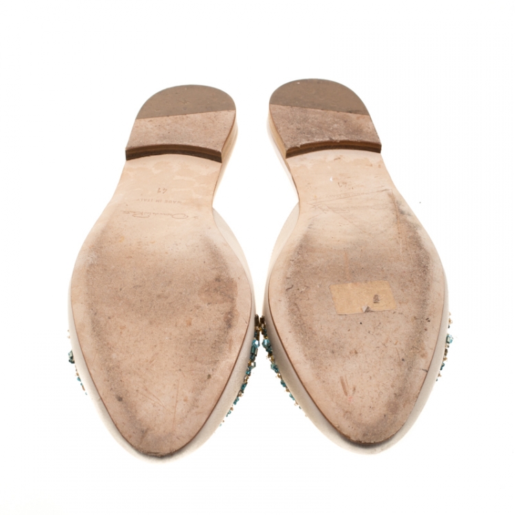 Pre Owned Oscar De La Renta Beige Embellished Satin Calista Flat Mules Size 41