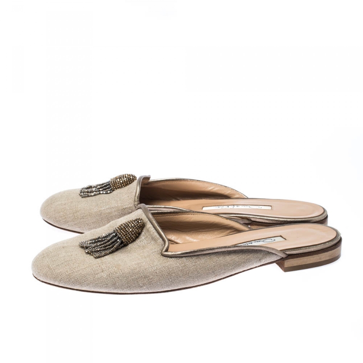 Pre Owned Oscar de la Renta Grey Embellished Canvas Slides Mules Size 41