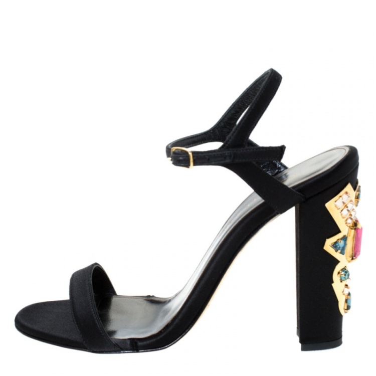 Pre Owned Oscar de la Renta Black Satin Lemmy Embellished Ankle Strap Sandals Size 37