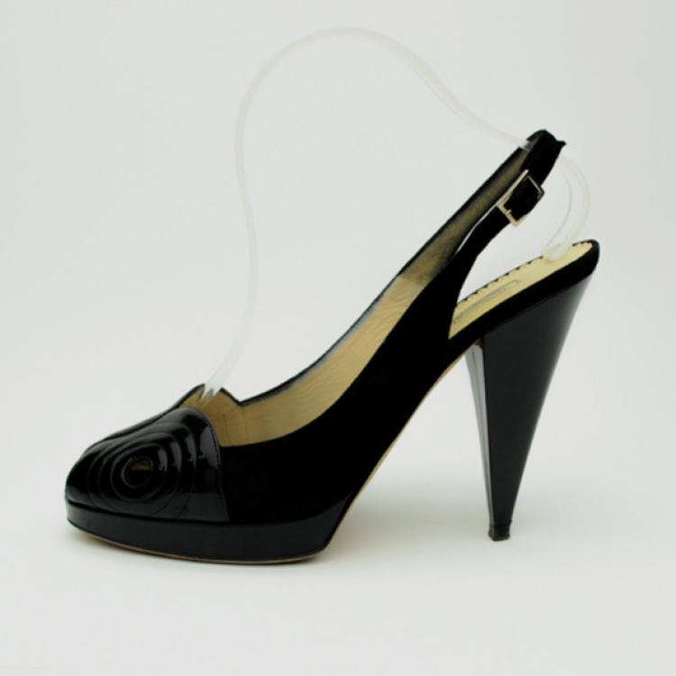 Pre Owned Oscar De La Renta Black Leather & Suede Peep Toe Platform Slingback Sandals Size 40