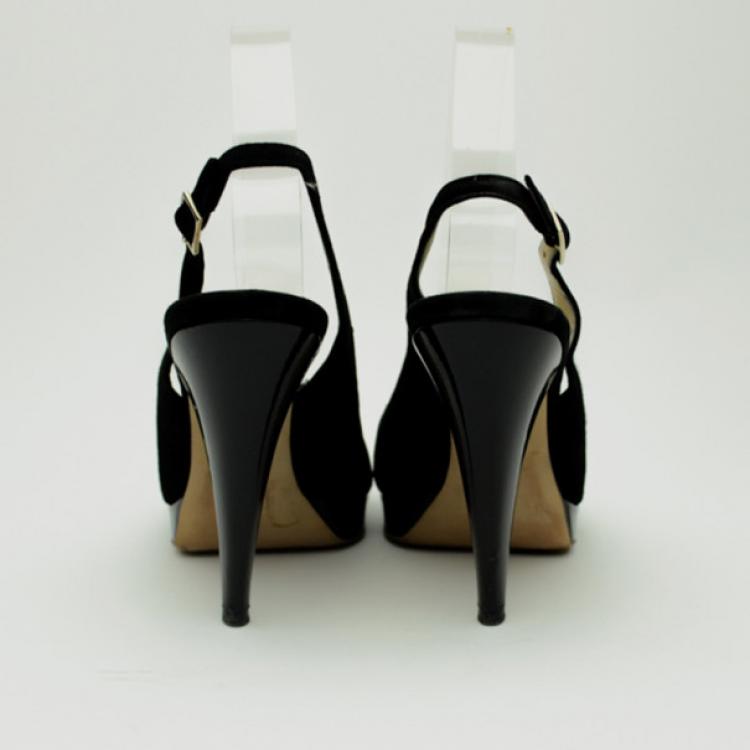 Pre Owned Oscar De La Renta Black Leather & Suede Peep Toe Platform Slingback Sandals Size 40