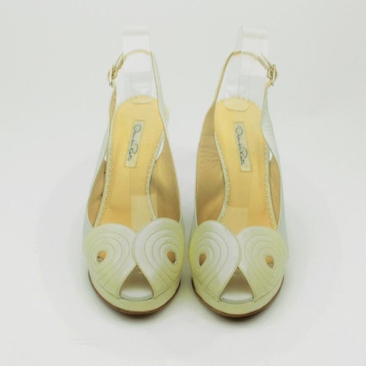 مملوكة مسبقًا Oscar De La Renta White Leather Peep Toe Platform Slingback Sandals Size 40