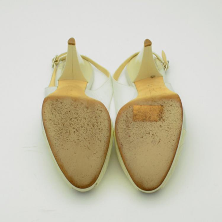 مملوكة مسبقًا Oscar De La Renta White Leather Peep Toe Platform Slingback Sandals Size 40