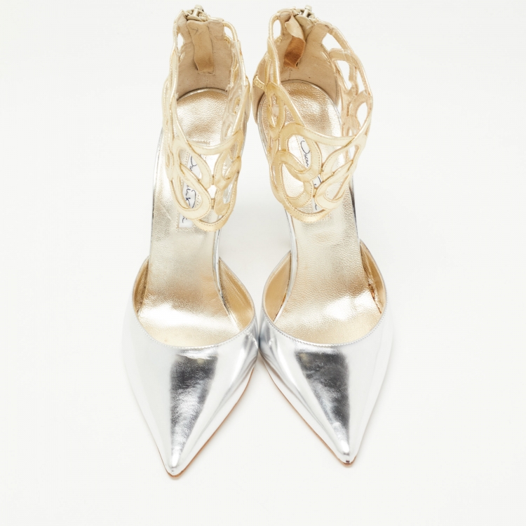 Pre Owned Oscar de la Renta Metallic Gold/Silver Leather Pointed Toe Ankle Strap Pumps Size 38