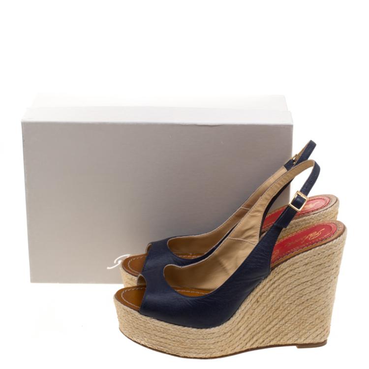Pre Owned Paloma Barceló Blue Leather Espadrilles Wedge Slingback Sandals Size 41