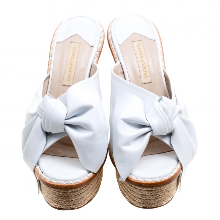 مملوكة مسبقًا Paloma Barceló White Leather Monaco Bow Detail Espadrille Mules Size 38
