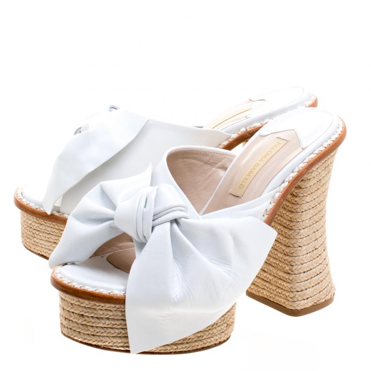 مملوكة مسبقًا Paloma Barceló White Leather Monaco Bow Detail Espadrille Mules Size 38