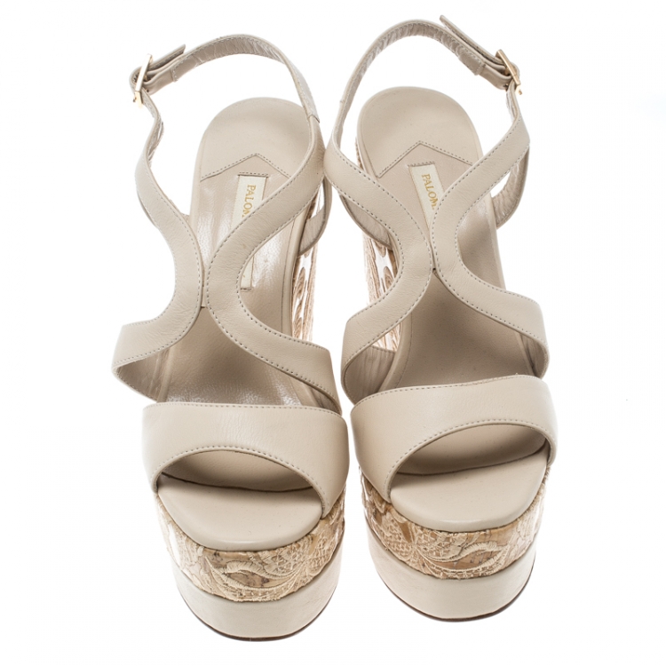 Pre Owned Paloma Barceló Beige Leather Mafafa Wedge Platform Sandals Size 39