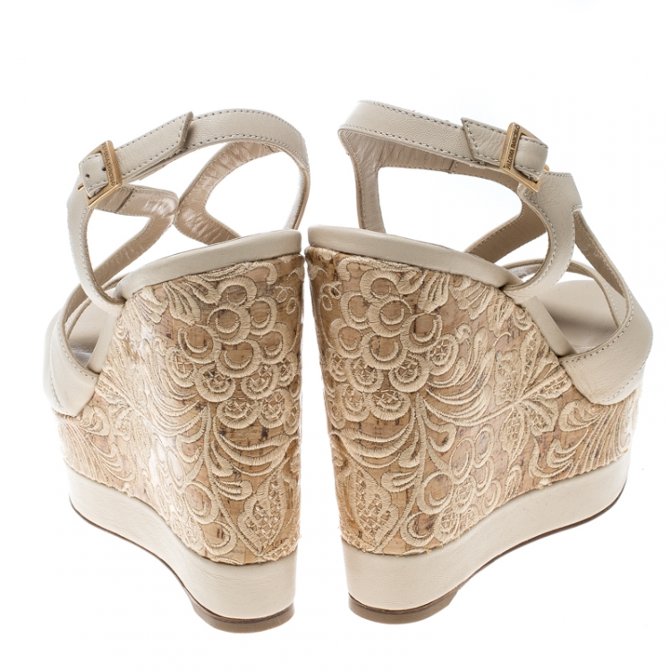 Pre Owned Paloma Barceló Beige Leather Mafafa Wedge Platform Sandals Size 39