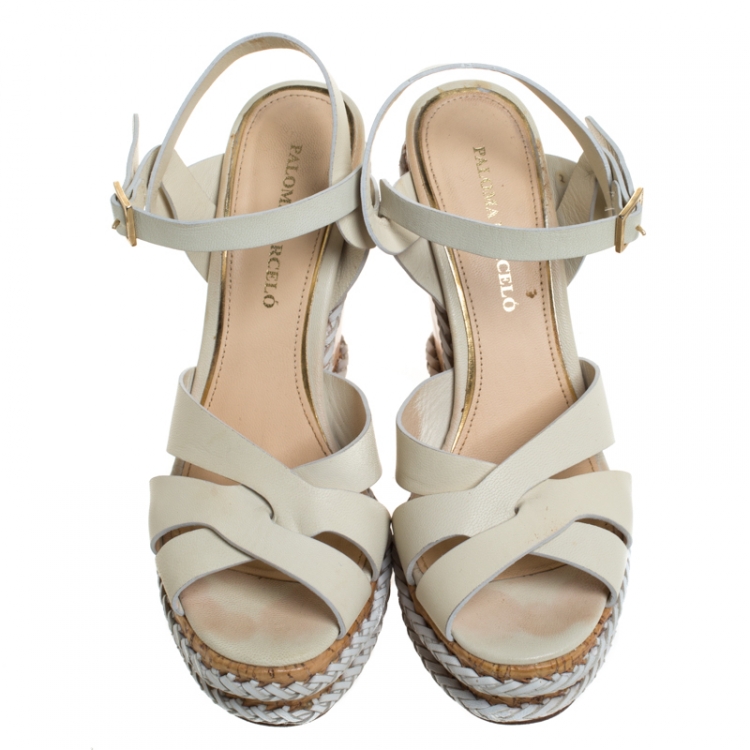 Pre Owned Paloma Barceló Ivory Strappy Leather Ankle Strap Platform Wedge Sandals Size 39