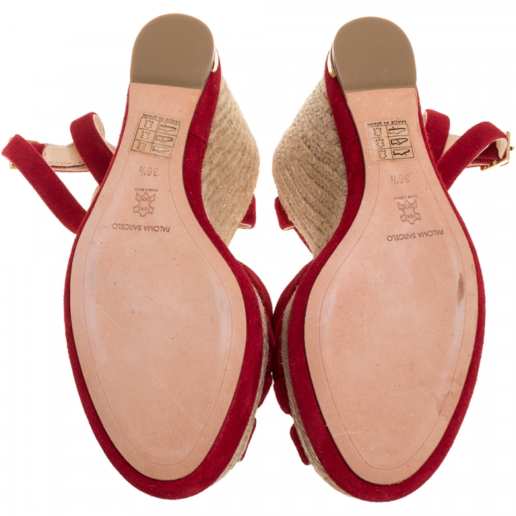 Pre Owned Paloma Barceló Red Suede Leather Espadrille Wedge Platform Ankle Strap Sandals Size 36.5