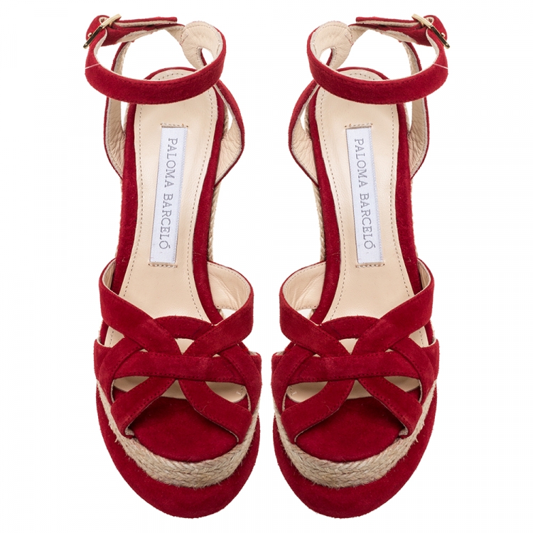 Pre Owned Paloma Barceló Red Suede Leather Espadrille Wedge Platform Ankle Strap Sandals Size 36.5