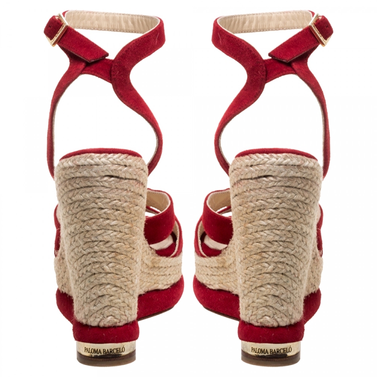 Pre Owned Paloma Barceló Red Suede Leather Espadrille Wedge Platform Ankle Strap Sandals Size 36.5