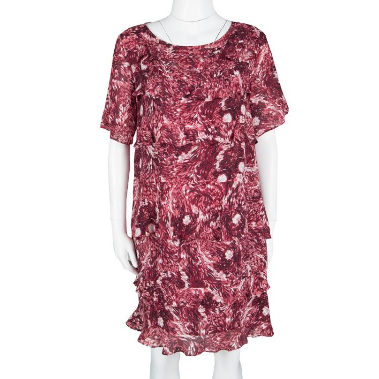 Pre Owned Paul and Joe Red Floral Printed Silk Ruffled Tiered Dress S
