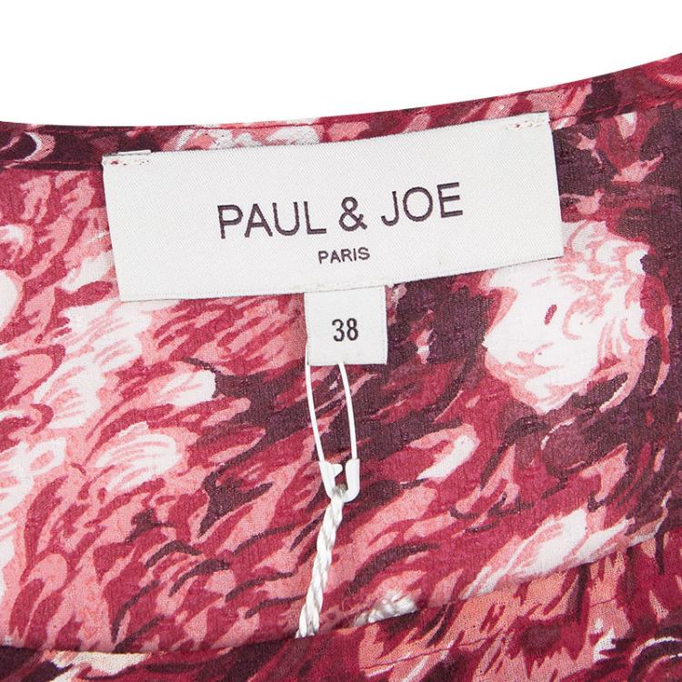 Pre Owned Paul and Joe Red Floral Printed Silk Ruffled Tiered Dress S