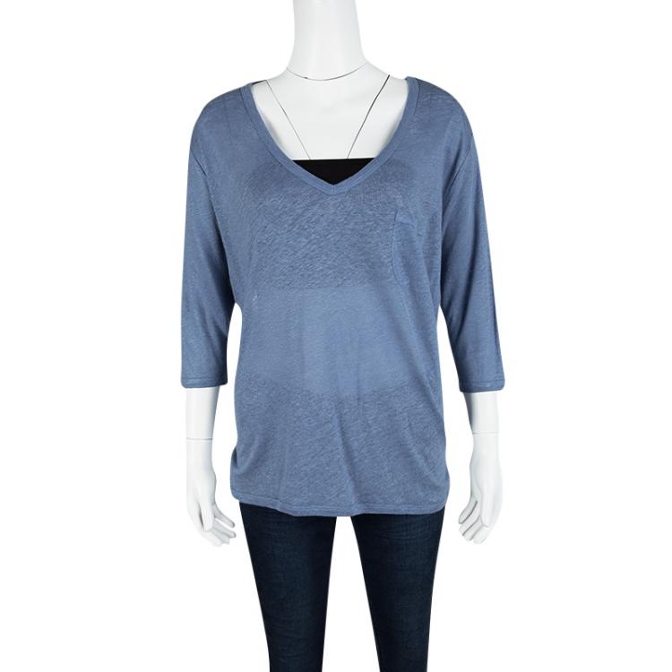 Pre Owned Paul and Joe Blue Linen Oversized V-Neck Top S