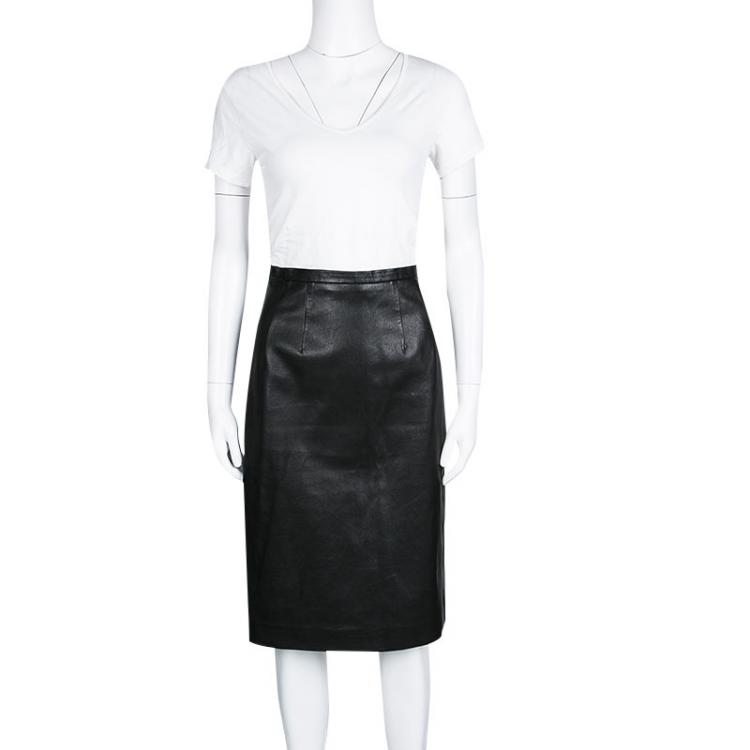 Pre Owned Paul & Joe Black Lamb Leather Moncuir Pencil Skirt M