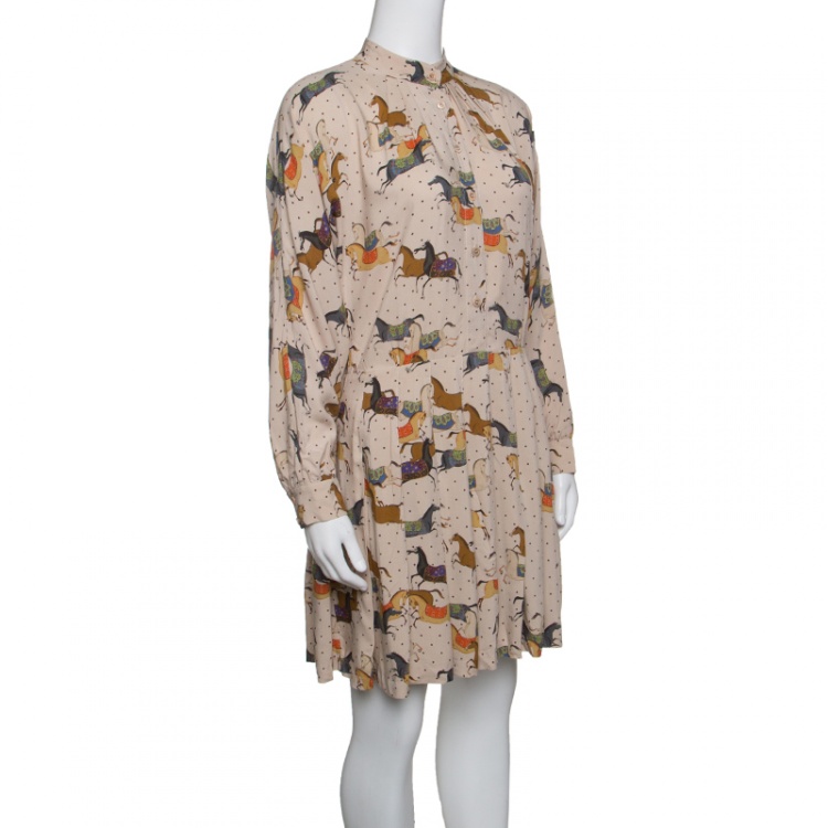 Pre Owned Paul and Joe Beige Horse Print Dolman Sleeve Pleated Shirt Dress S