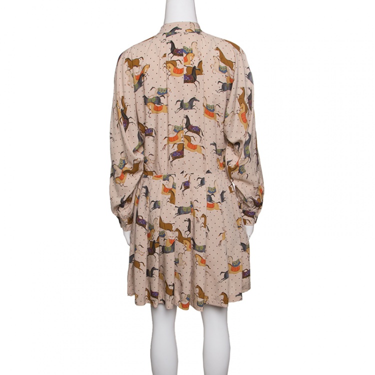 Pre Owned Paul and Joe Beige Horse Print Dolman Sleeve Pleated Shirt Dress S