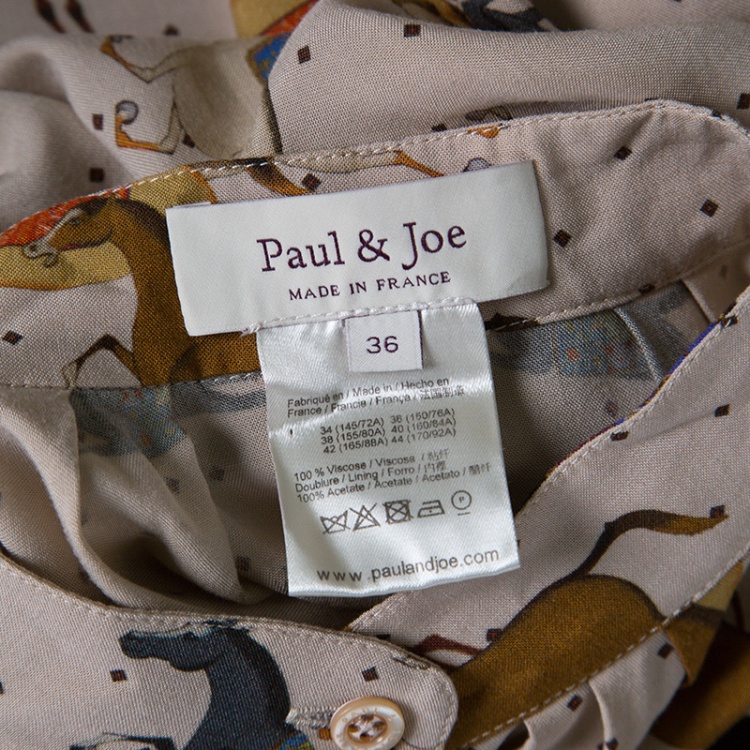 Pre Owned Paul and Joe Beige Horse Print Dolman Sleeve Pleated Shirt Dress S