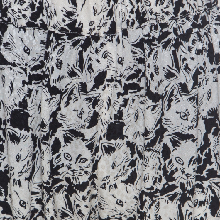 Pre Owned Paul and Joe Monochrome Cat Print Jacquard Silk Relaxed Poum Pants L