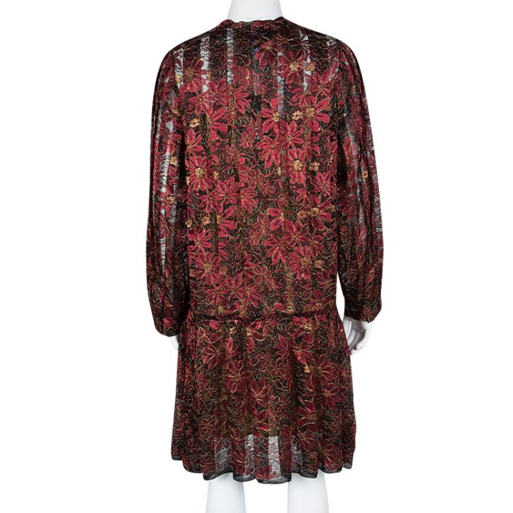 Pre Owned Paule Ka Red Lurex Floral Lace Pleated Shirt Dress XL