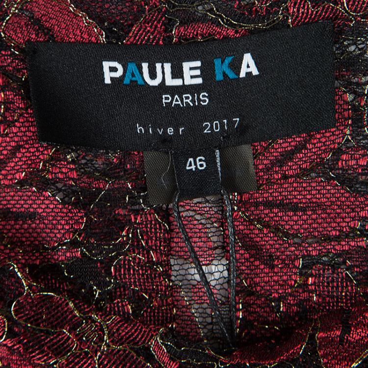 Pre Owned Paule Ka Red Lurex Floral Lace Pleated Shirt Dress XL
