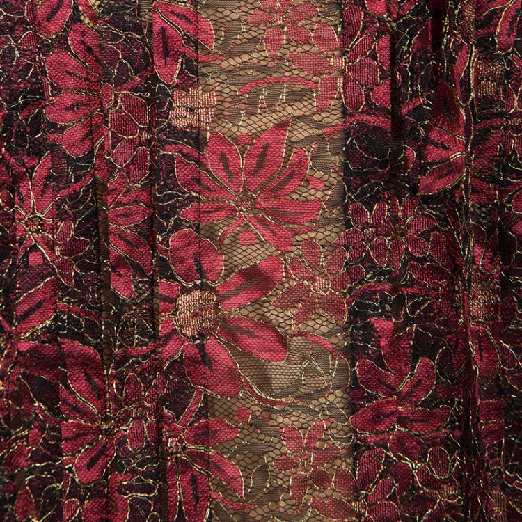 Pre Owned Paule Ka Red Lurex Floral Lace Pleated Shirt Dress XL