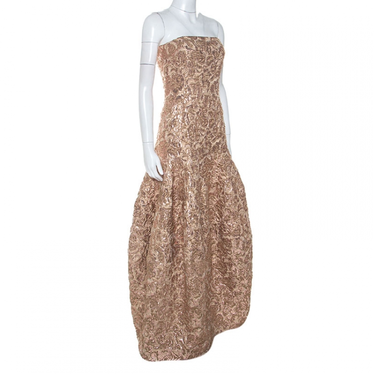 Pre Owned Paule Ka Metallic Jacquard Strapless Gown S