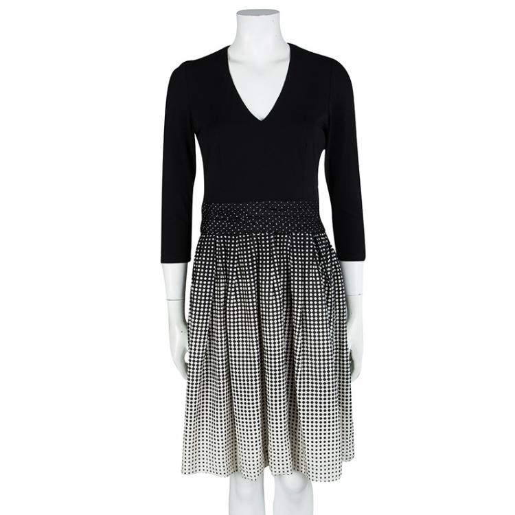 Pre Owned Paule Ka Monochrome Dotted Skirt Detail Long Sleeve Dress S