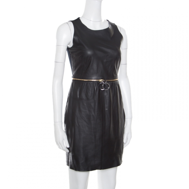 Pre Owned Paule Ka Black Lamb Leather Zip Detail Sleeveless Dress M