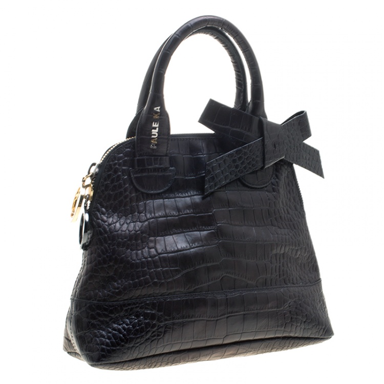 Pre Owned Paule Ka Black Croc Embossed Leather Bow Satchel