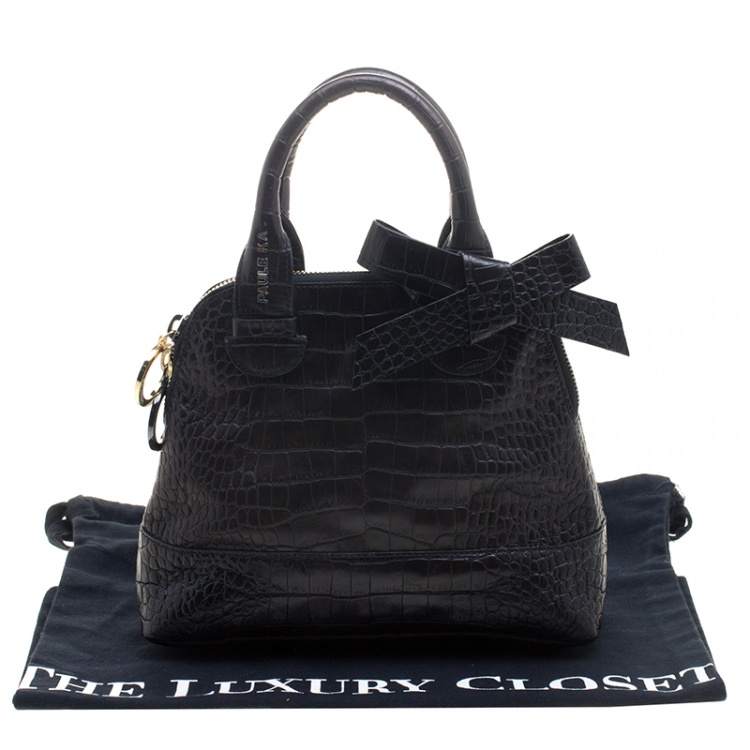 Pre Owned Paule Ka Black Croc Embossed Leather Bow Satchel