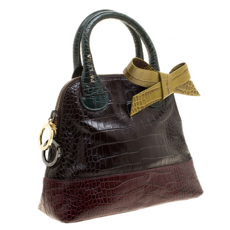 Pre Owned Paule Ka Multicolor Croc Embossed Leather Bow Satchel 