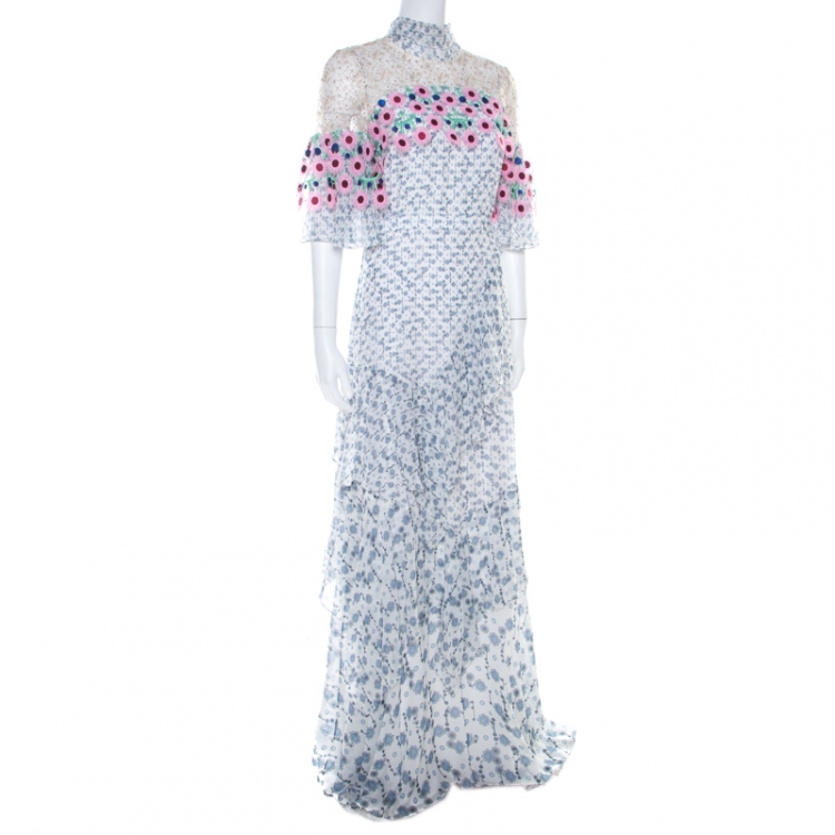 Pre Owned Peter Pilotto White Floral Print Lace Panelled Ruffled Silk Georgette Dress S