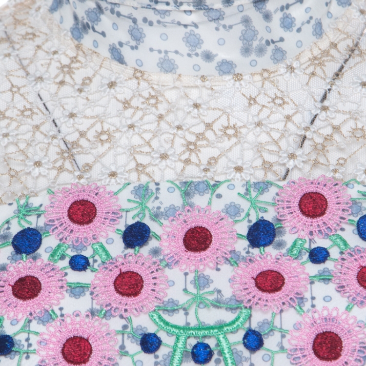 Pre Owned Peter Pilotto White Floral Print Lace Panelled Ruffled Silk Georgette Dress S