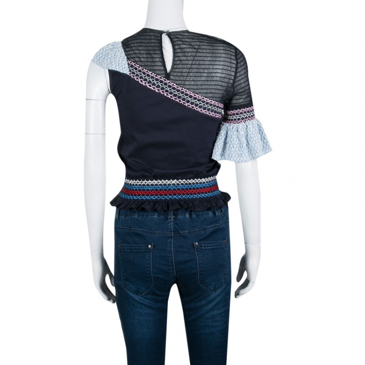Pre Owned Peter Pilotto Blue Smocked Asymmetric Ruffle Detail Octave Top S