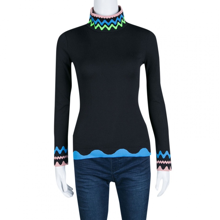 مملوكة مسبقًا Peter Pilotto Black Knit High Neck Squiggle Print Long Sleeve Top S