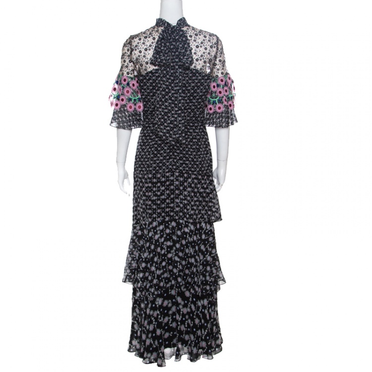 Pre Owned Peter Pilotto Black Floral Print Lace Paneled Ruffled Silk Georgette Dress S