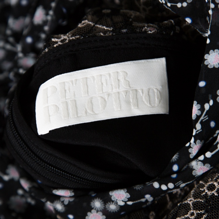 Pre Owned Peter Pilotto Black Floral Print Lace Paneled Ruffled Silk Georgette Dress S