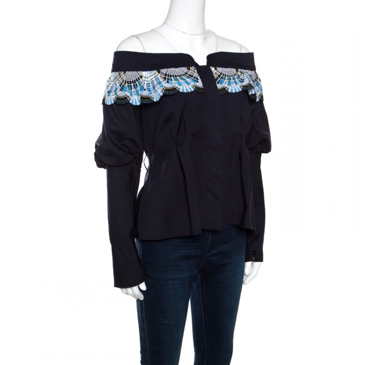 Pre Owned Peter Pilotto Navy Cotton Lace Detail Off Shoulder Top L