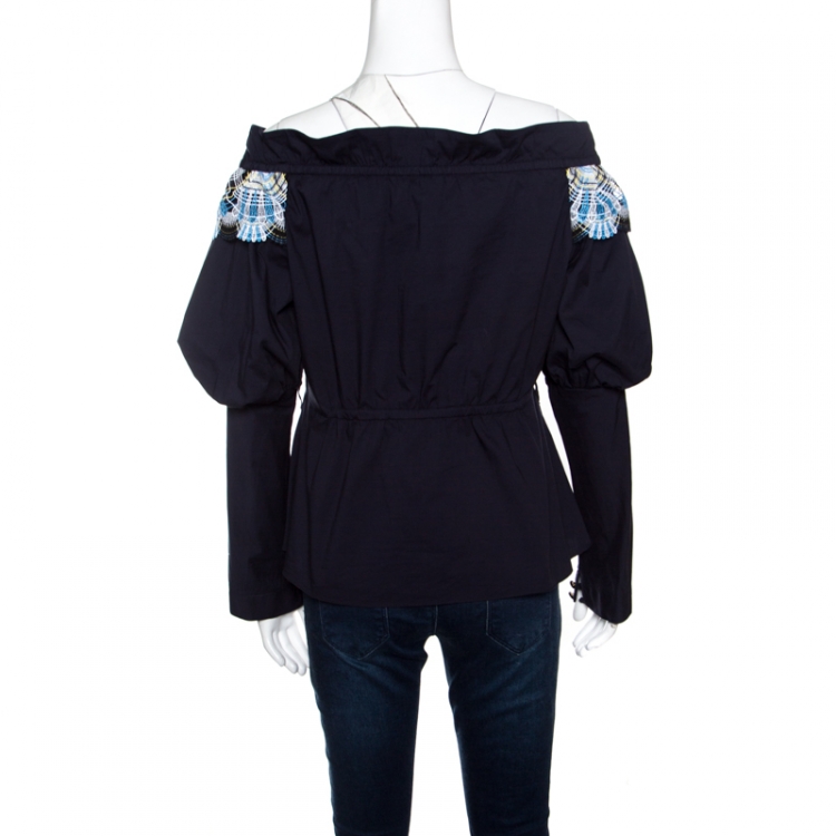 Pre Owned Peter Pilotto Navy Cotton Lace Detail Off Shoulder Top L