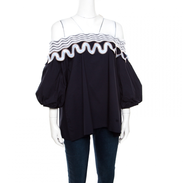Pre Owned Peter Pilotto Navy Blue Cotton Lace Trim Off Shoulder Pallas Top M
