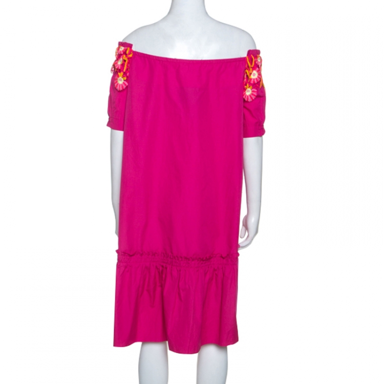 Pre Owned Peter Pilotto Pink Cotton Lace Detail Panelled Off-Shoulder Dress L