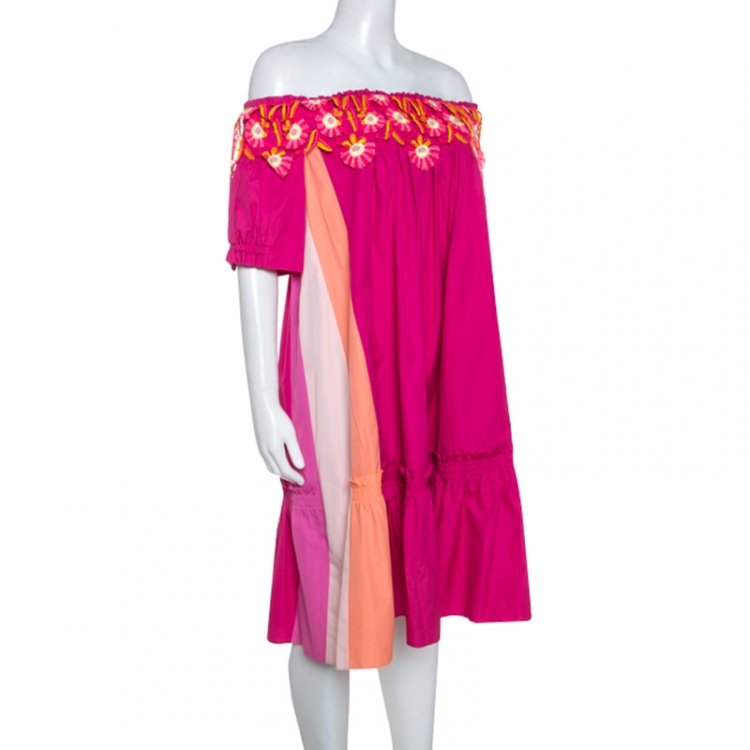 Pre Owned Peter Pilotto Pink Cotton Lace Detail Panelled Off-Shoulder Dress L